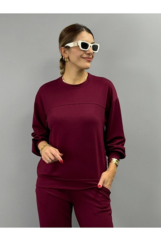 Kadın Uzun Kollu Bisiklet Yaka Viskon Iki Iplik Bluz Ve Pantolon Ikili Takım