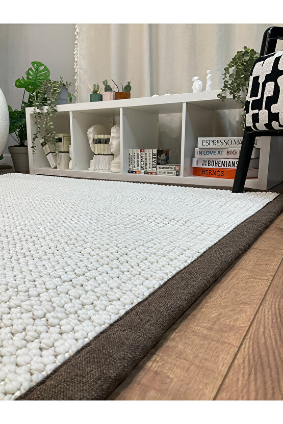 Kumaş Bordür Beyaz Bukle Kahve Bordür  Halı Salon Koridor Mutfak Çocuk Odası Halısı  Kilim S257
