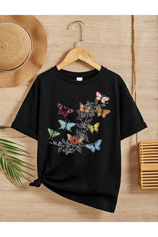 Kız Çocuk Bisiklet Yaka Baskılı T-Shirt - Siyah