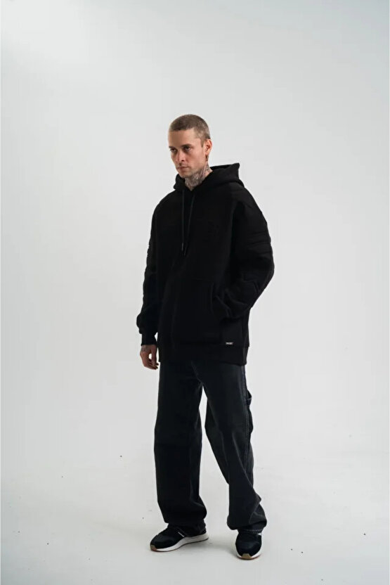 EQURİ Double Oversize Kapşonlu Nakışlı SweatShirt - Siyah