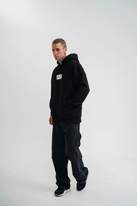 Unisex Kapşonlu Uzun Kol Patchli Nakışlı SweatShirt - Siyah