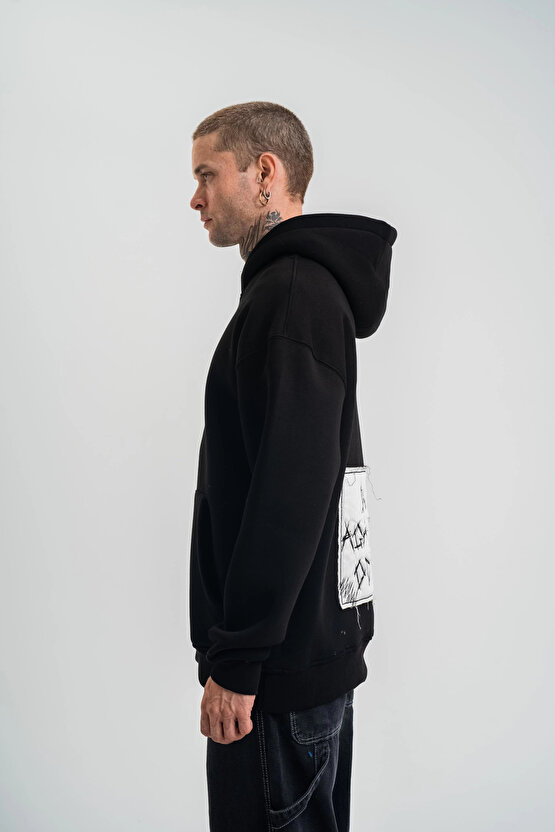 Unisex Kapşonlu Uzun Kol Patchli Nakışlı SweatShirt - Siyah