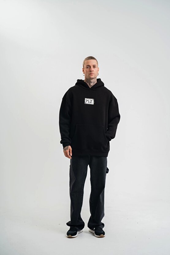 Unisex Kapşonlu Uzun Kol Patchli Nakışlı SweatShirt - Siyah