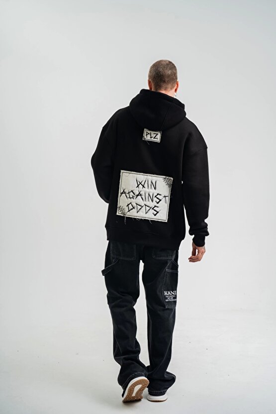 Unisex Kapşonlu Uzun Kol Patchli Nakışlı SweatShirt - Siyah