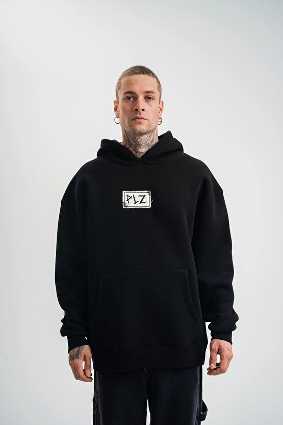 Unisex Kapşonlu Uzun Kol Patchli Nakışlı SweatShirt - Siyah