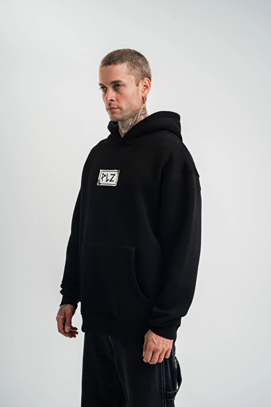 Unisex Kapşonlu Uzun Kol Patchli Nakışlı SweatShirt - Siyah