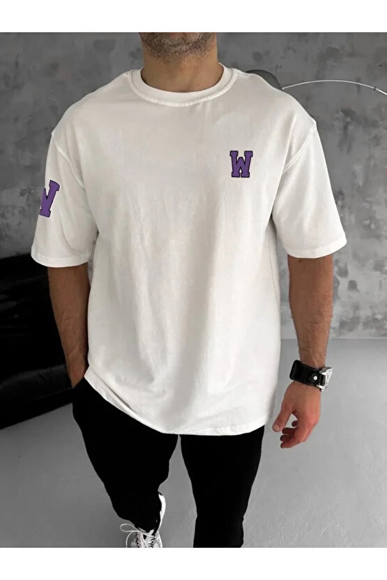 Unisex Bisiklet Yaka Baskılı Oversize T-Shirt - Beyaz