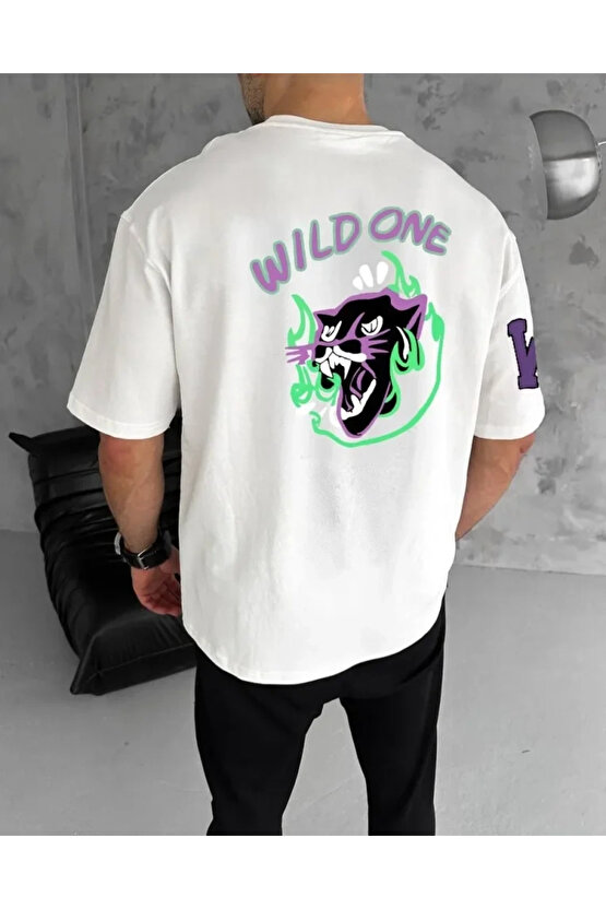 Unisex Bisiklet Yaka Baskılı Oversize T-Shirt - Beyaz