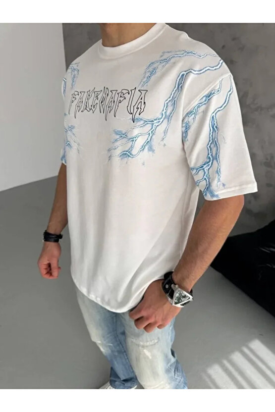 Unisex Bisiklet Yaka Baskılı Oversize T-Shirt - Beyaz