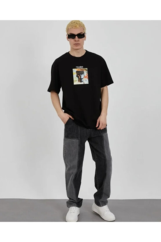 Unisex Bisiklet Yaka Baskılı Oversize T-Shirt - Siyah
