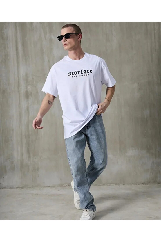 Unisex Bisiklet Yaka Baskılı Oversize T-Shirt - Beyaz