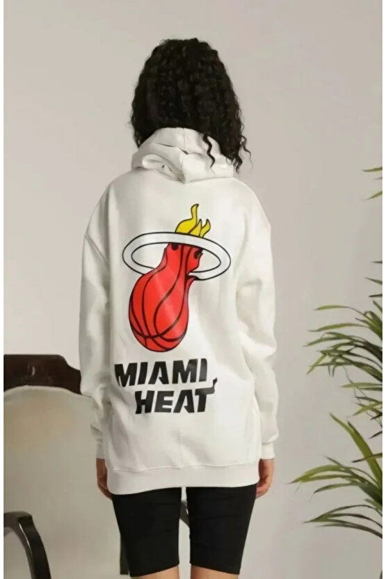 Unisex Kapşonlu Baskılı Sweetshirt - Beyaz