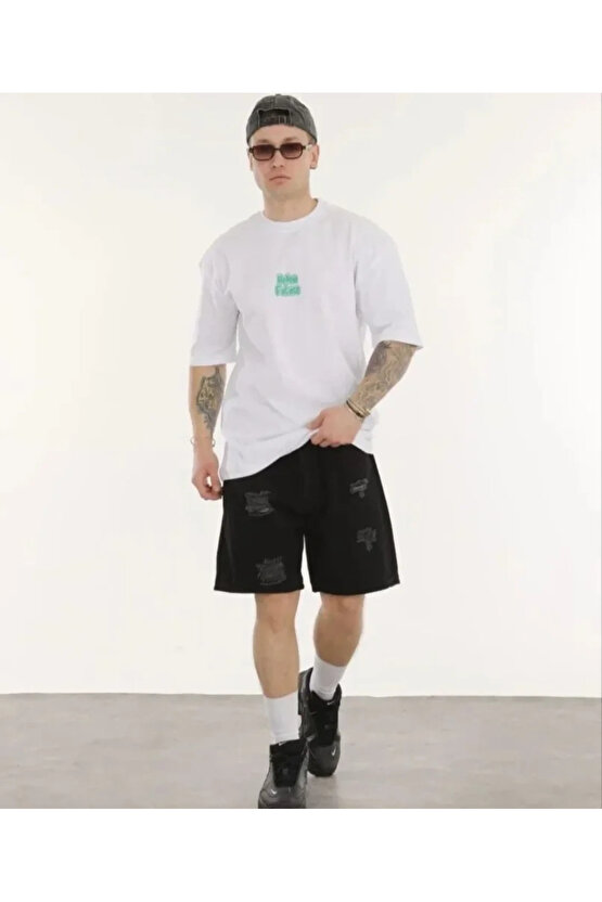 Unisex Bisiklet Yaka Baskılı Oversize T-Shirt - Beyaz