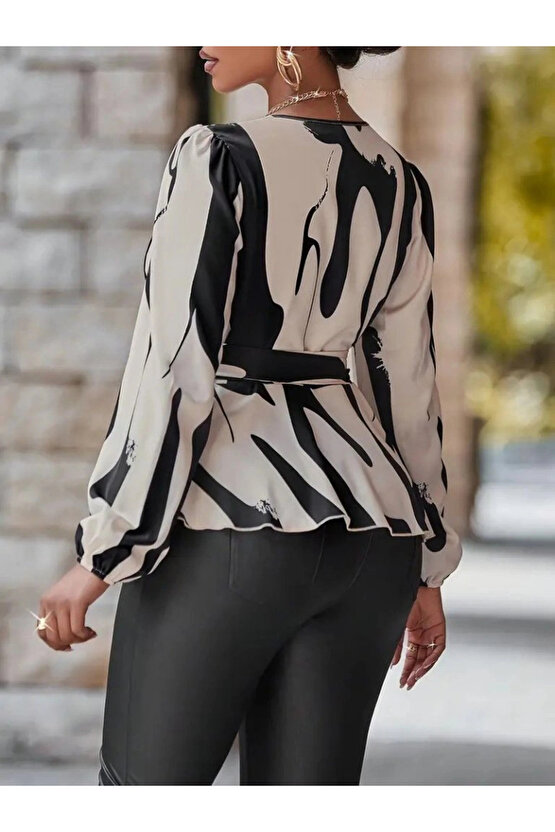 Kadın Uzun Kollu Kruvaze Yakalı Yandan Bağlamalı Kısa Beli Kuşaklı Modal Bluz