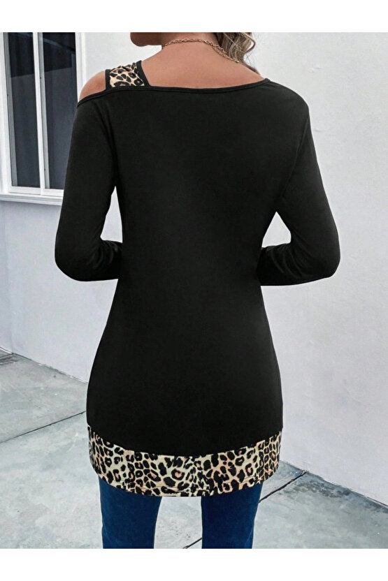 Kadın Tek O Uzdan Açık Askılı Uzun Kollu Leopar Detaylı Viskon Bluz