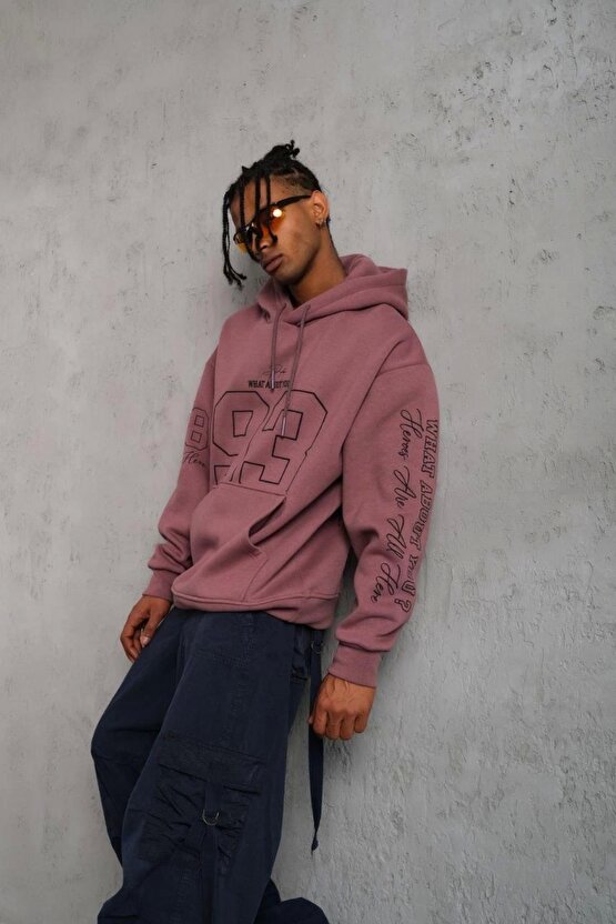 Erkek 93 Dijital Parça Baskılı Kapşonlu Sweat - Gül Kurusu