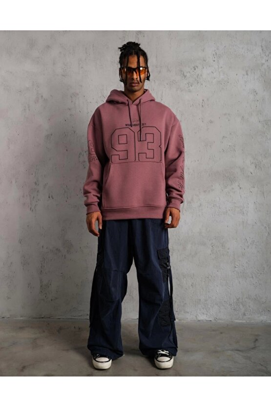 Erkek 93 Dijital Parça Baskılı Kapşonlu Sweat - Gül Kurusu