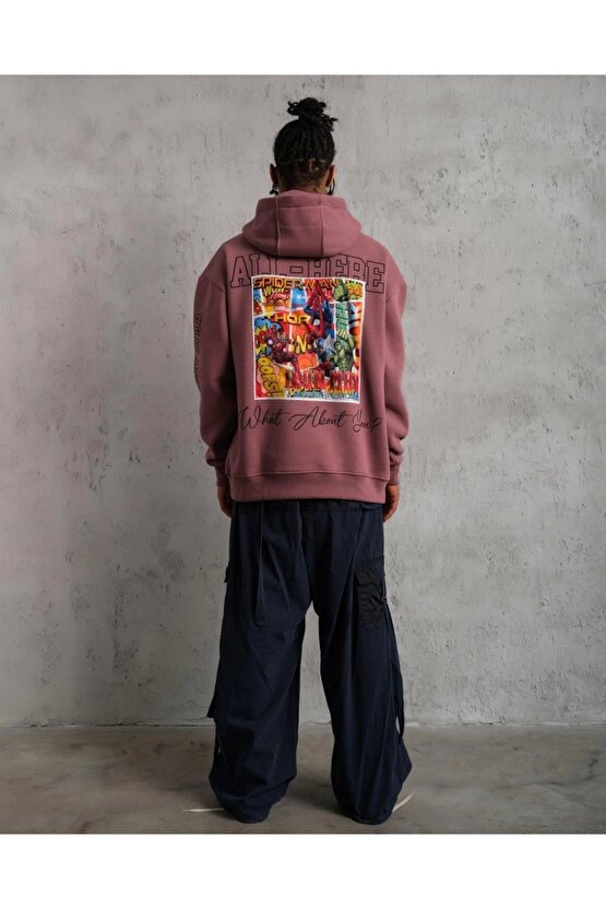 Erkek 93 Dijital Parça Baskılı Kapşonlu Sweat - Gül Kurusu