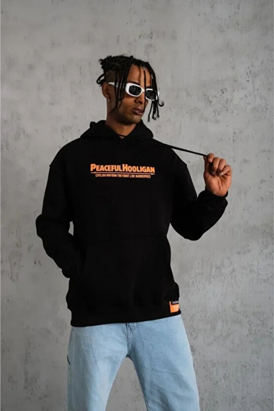 Erkek Armalı Baskılı Kapüşonlu Sweatshirt - Siyah