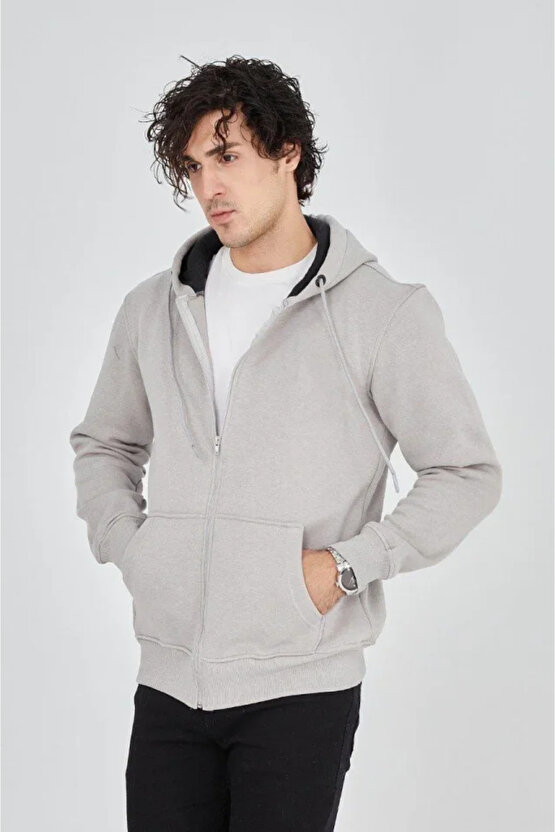 EQURİ Erkek Kapüşonlu Düz Fermuarlı Hırka - Boyalı Gri