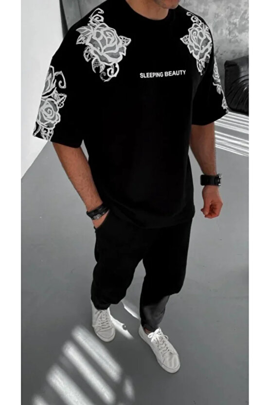 Kendim Fashion Unisex Flok Kabartma Baskılı T-Shirt - Siyah