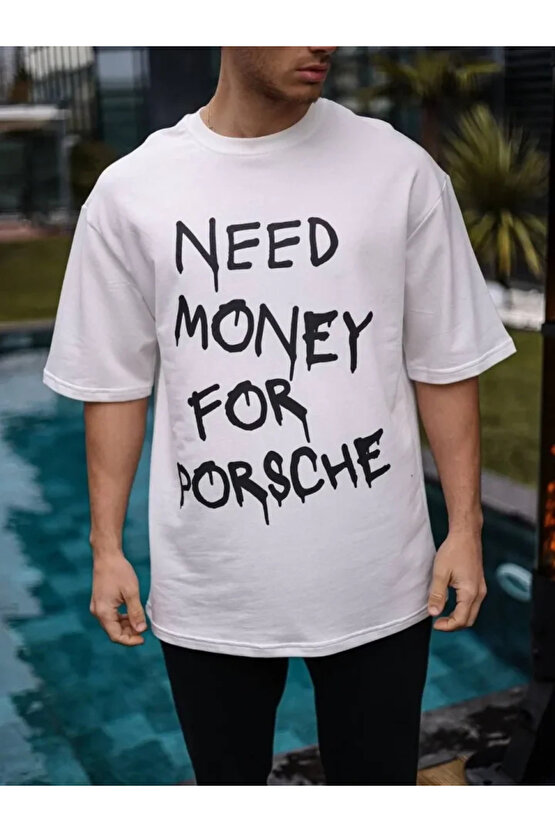 Unisex Bisiklet Yaka Baskılı Oversize T-Shirt - Beyaz