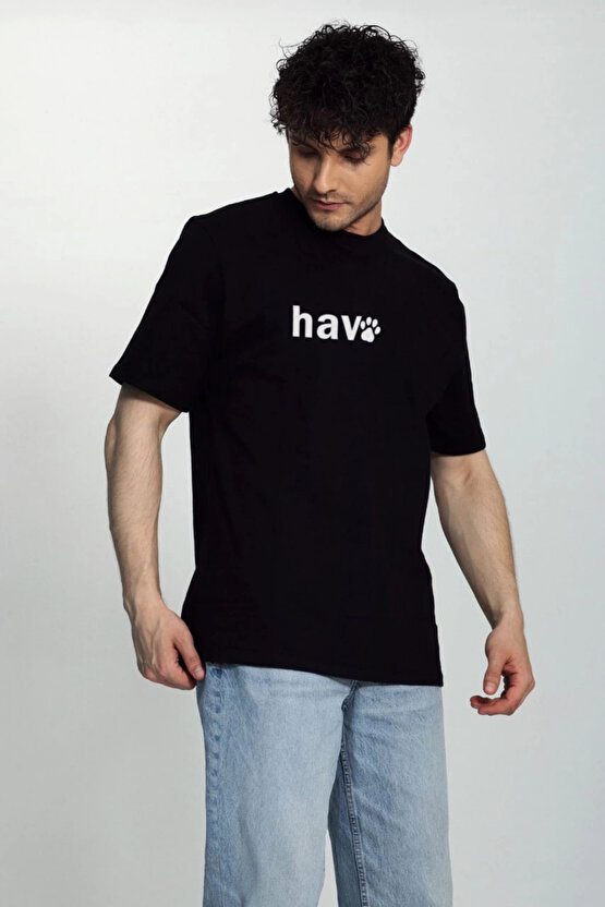 Erkek Bisiklet Yaka Kısa Kol hav Baskılı T-shirt - Siyah