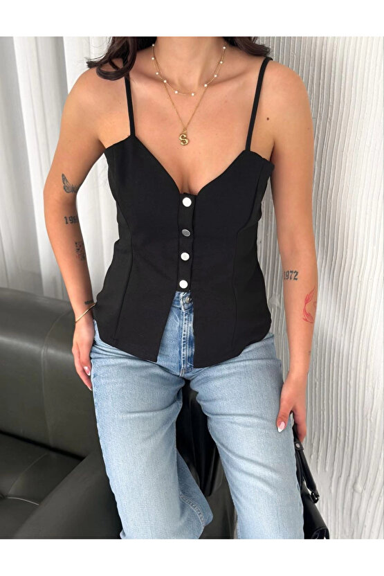 Askılı Dekolte deraylı bluz crop - Siyah