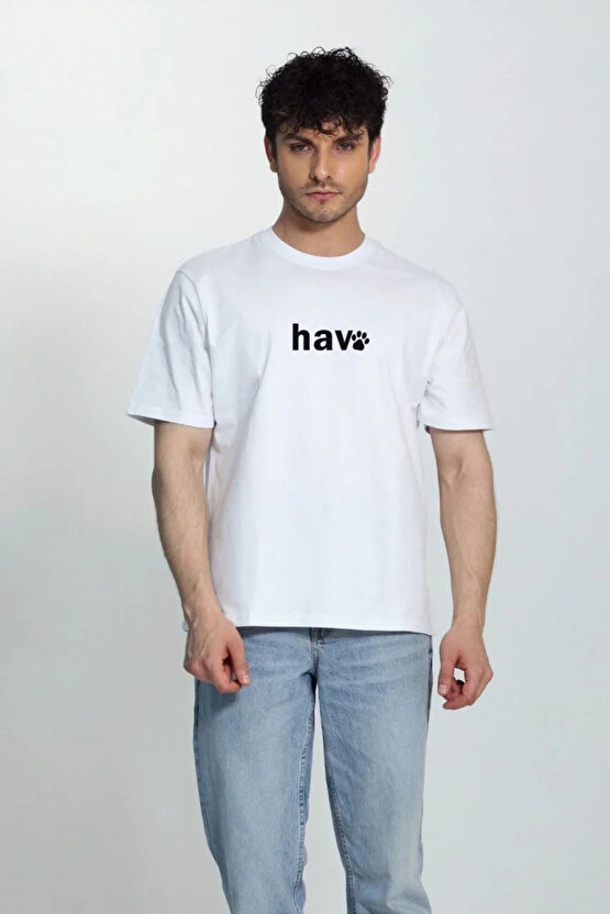 Erkek Bisiklet Yaka Kısa Kol hav Baskılı T-shirt - Beyaz