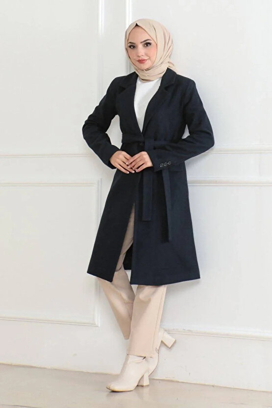 Kadın Düğmeli İçi Astarlı Kaşmir Kaşe Kaban - Lacivert