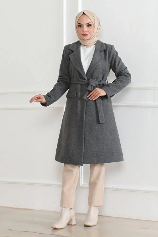 Kadın Düğmeli İçi Astarlı Kaşmir Kaşe Kaban - Bej