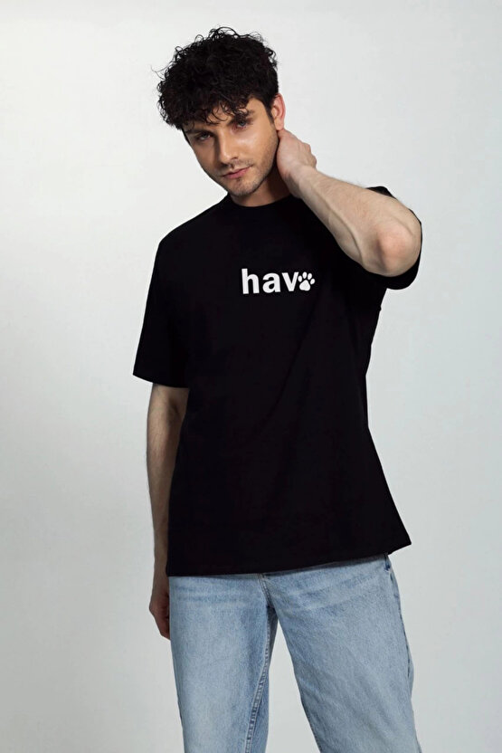 Erkek Bisiklet Yaka Kısa Kol hav Baskılı T-shirt - Siyah