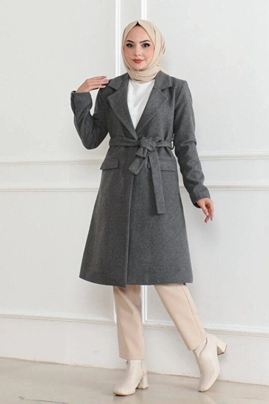 Kadın Düğmeli İçi Astarlı Kaşmir Kaşe Kaban - Bej