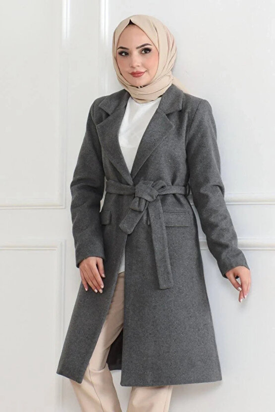 Kadın Düğmeli İçi Astarlı Kaşmir Kaşe Kaban - Bej