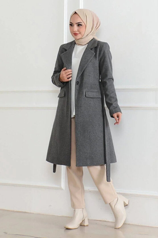 Kadın Düğmeli İçi Astarlı Kaşmir Kaşe Kaban - Bej