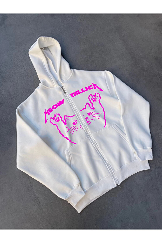 Kışlık Baskılı Fermuarlı Kapüşonlu Hırka - Beyaz