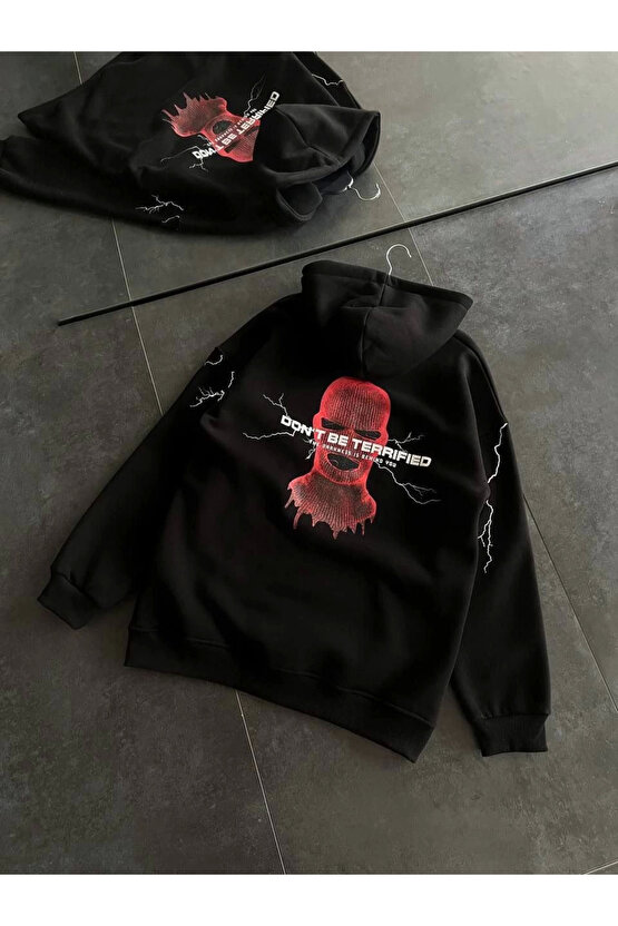 Üç İplik Kapüşonlu Baskılı Oversize SweatShirt- Siyah