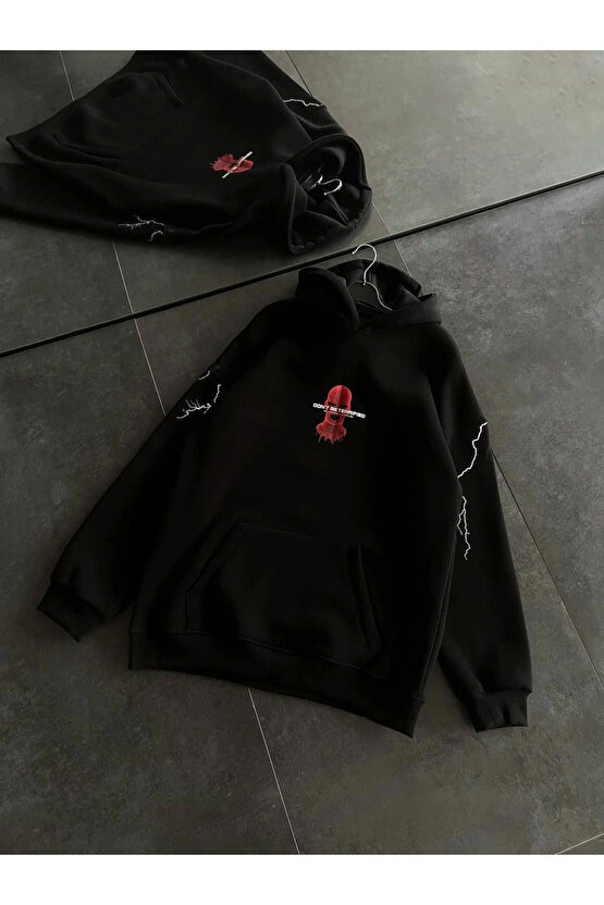 Üç İplik Kapüşonlu Baskılı Oversize SweatShirt- Siyah