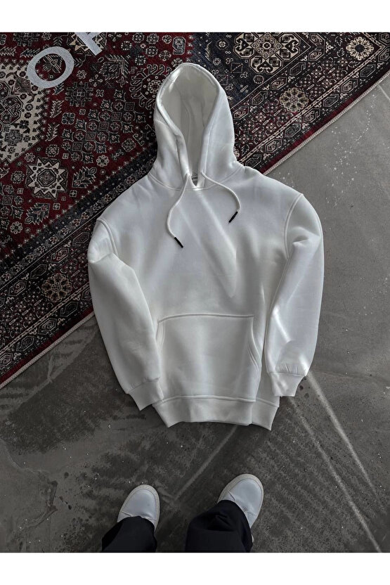 Kapüşonlu Üç İplik Penye Basic SweatShirt - Beyaz