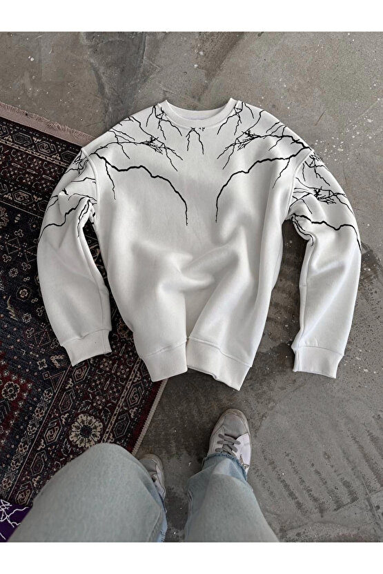 Yıldırım Baskılı Bisiklet Yaka SweatShirt - Beyaz