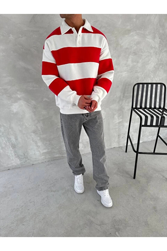 Unisex Üç İplik Parçalı Yakalı SweatShirt - Kırmızı