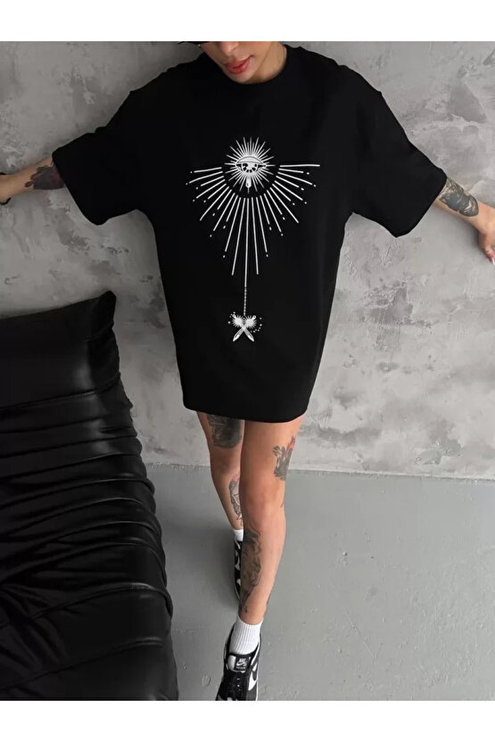 Unisex Bisiklet Yaka Baskılı Oversize T-Shirt - Siyah