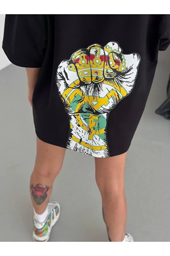 Unisex Bisiklet Yaka Baskılı Oversize T-Shirt - Siyah