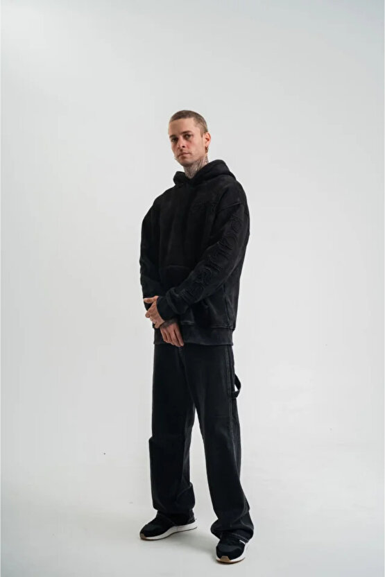 Unisex Uzun Kol Kapşonlu Yıkamalı Nakışlı SweatShirt - Siyah