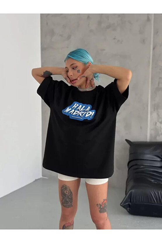 Unisex Bisiklet Yaka Baskılı Oversize T-Shirt - Siyah