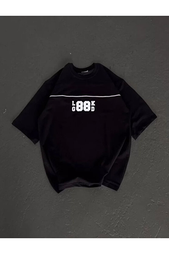 Unisex Bisiklet Yaka Baskılı Oversize T-Shirt - Siyah