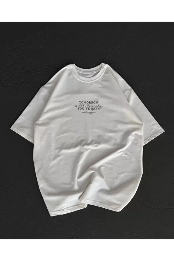 Unisex Bisiklet Yaka Baskılı Oversize T-Shirt - Beyaz