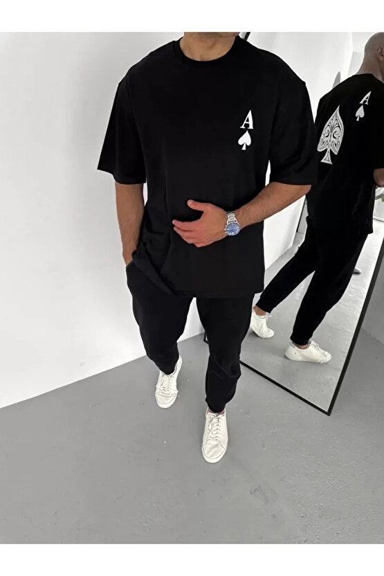 Unisex Bisiklet Yaka Baskılı Oversize T-Shirt - Siyah