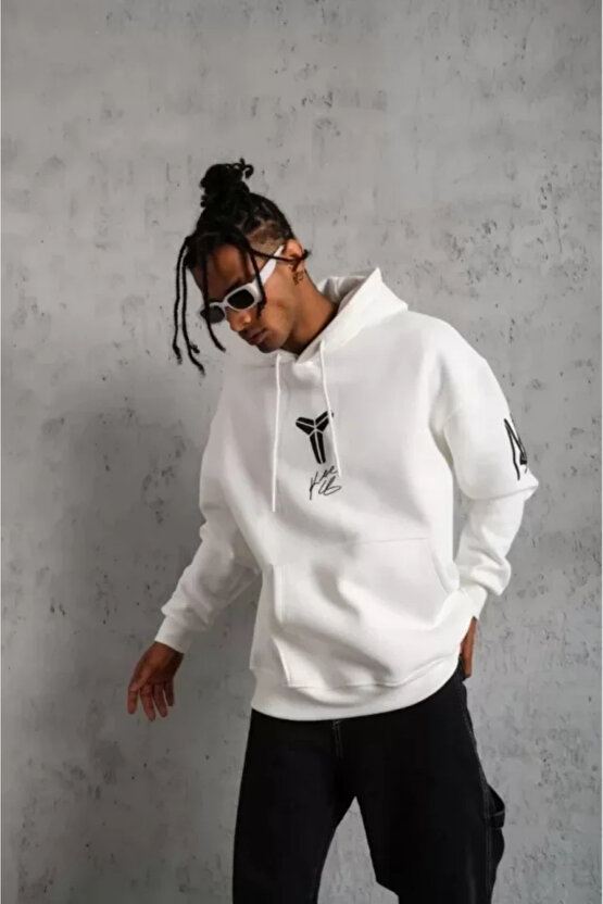 EQURİ Unisex Sırt Baskılı Kapüşonlu Üç İplik Oversize Sweatshirt - Beyaz