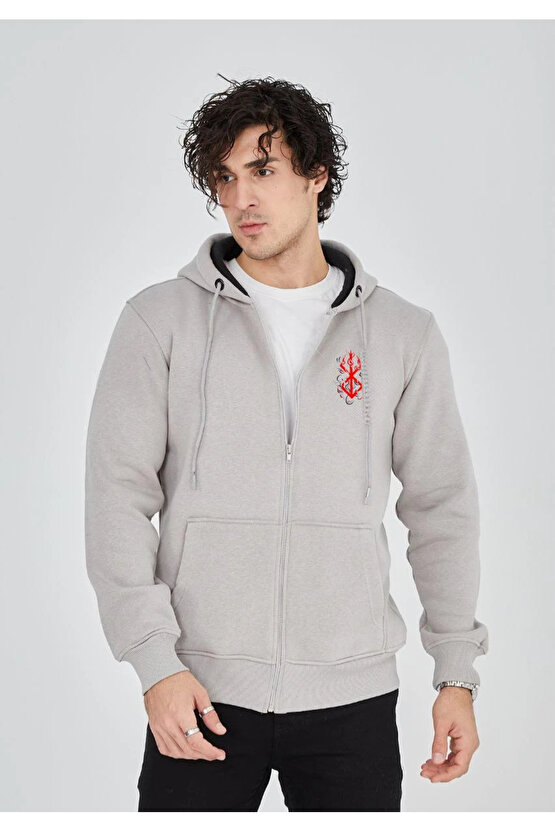 Unisex Baskılı Tam Fermuarlı Kapşonlu SweatShirt - Boyalı Gri